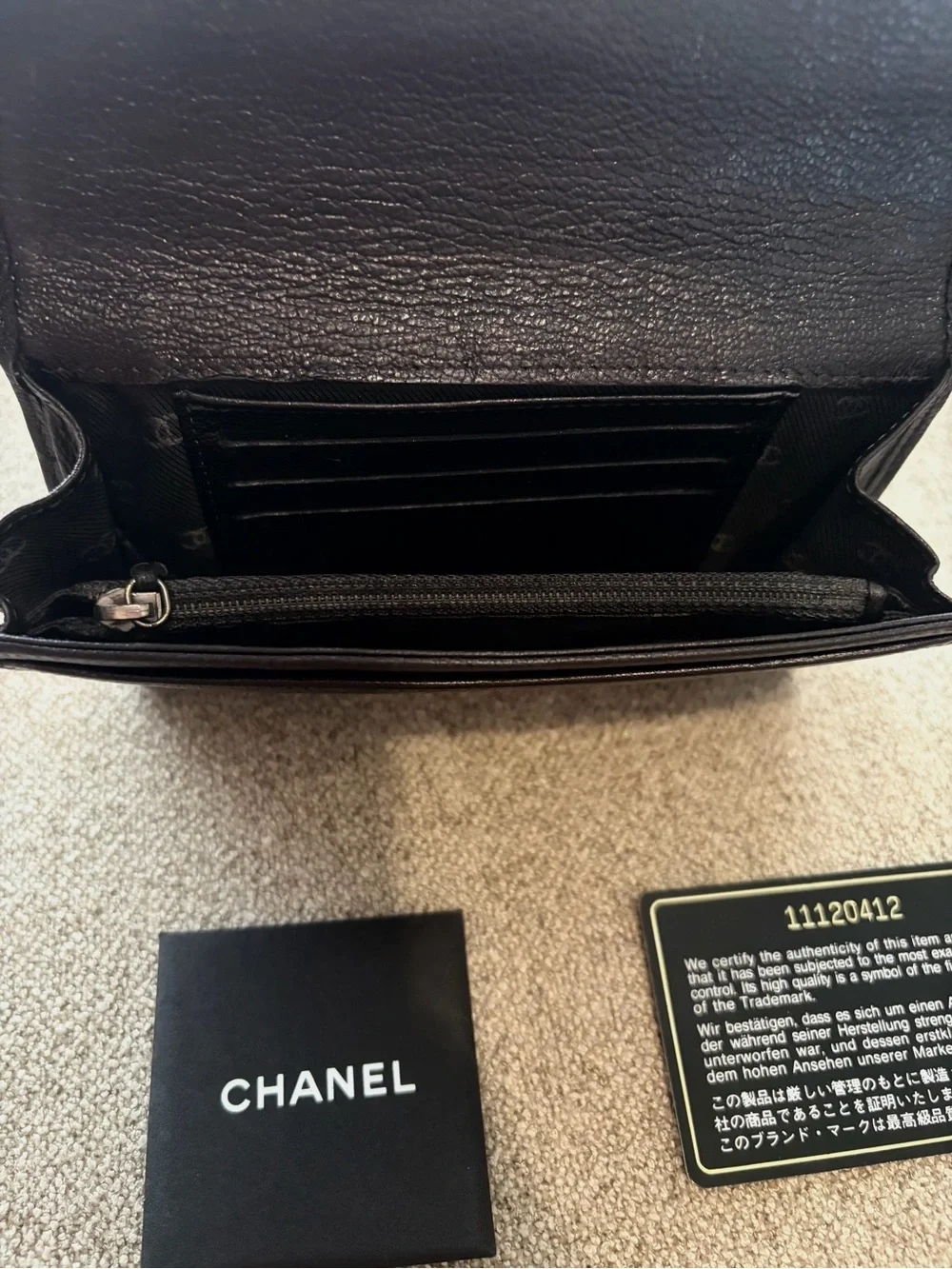 ⛓🖤 Chanel Mini Wallet Chain Crossbody Black Leather on Silver CC Logo WOC Revamp